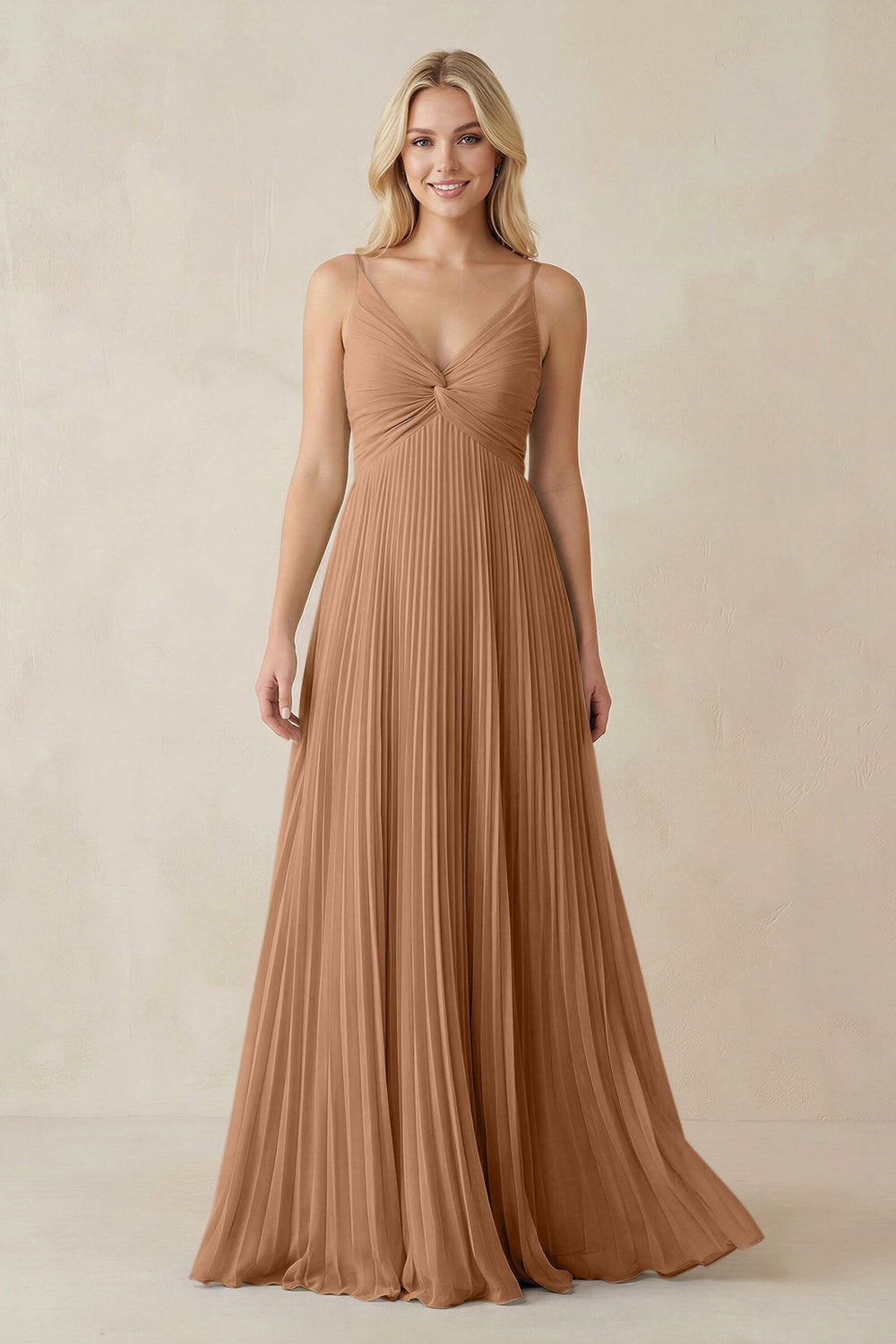 Pleated V - Neck A - Line Chiffon Bridesmaid Dress in Bronzer - KissProm Bridesmaid Dresses
