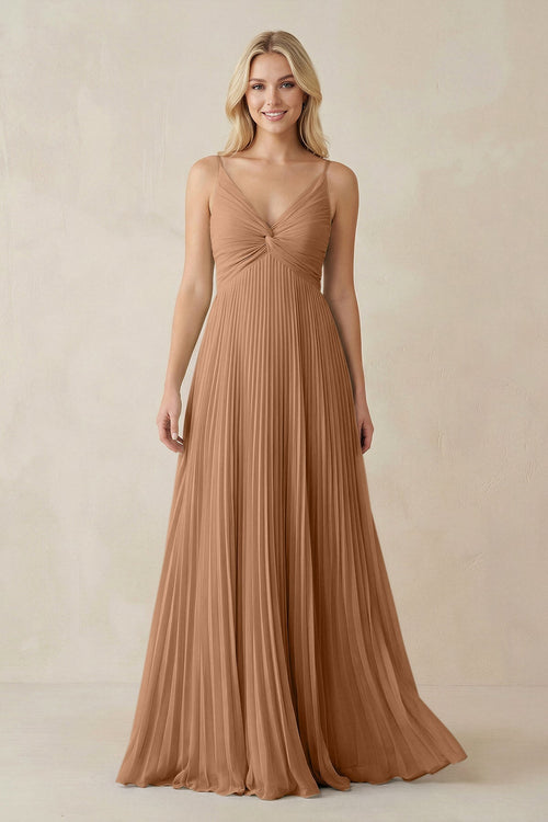Pleated V - Neck A - Line Chiffon Bridesmaid Dress in Bronzer - KissProm Bridesmaid Dresses