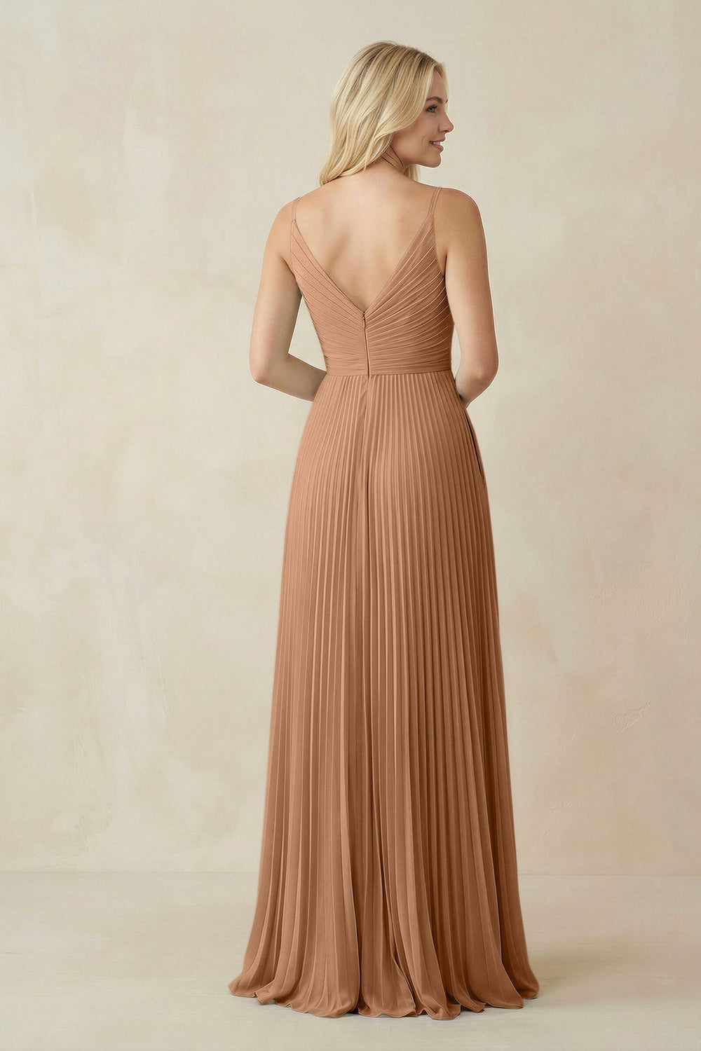 Pleated V - Neck A - Line Chiffon Bridesmaid Dress in Bronzer - KissProm Bridesmaid Dresses