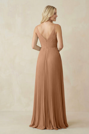 Pleated V - Neck A - Line Chiffon Bridesmaid Dress in Bronzer - KissProm Bridesmaid Dresses
