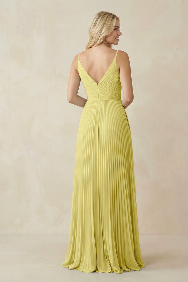 Pleated V - Neck A - Line Chiffon Bridesmaid Dress in Buttercup - KissProm Bridesmaid Dresses