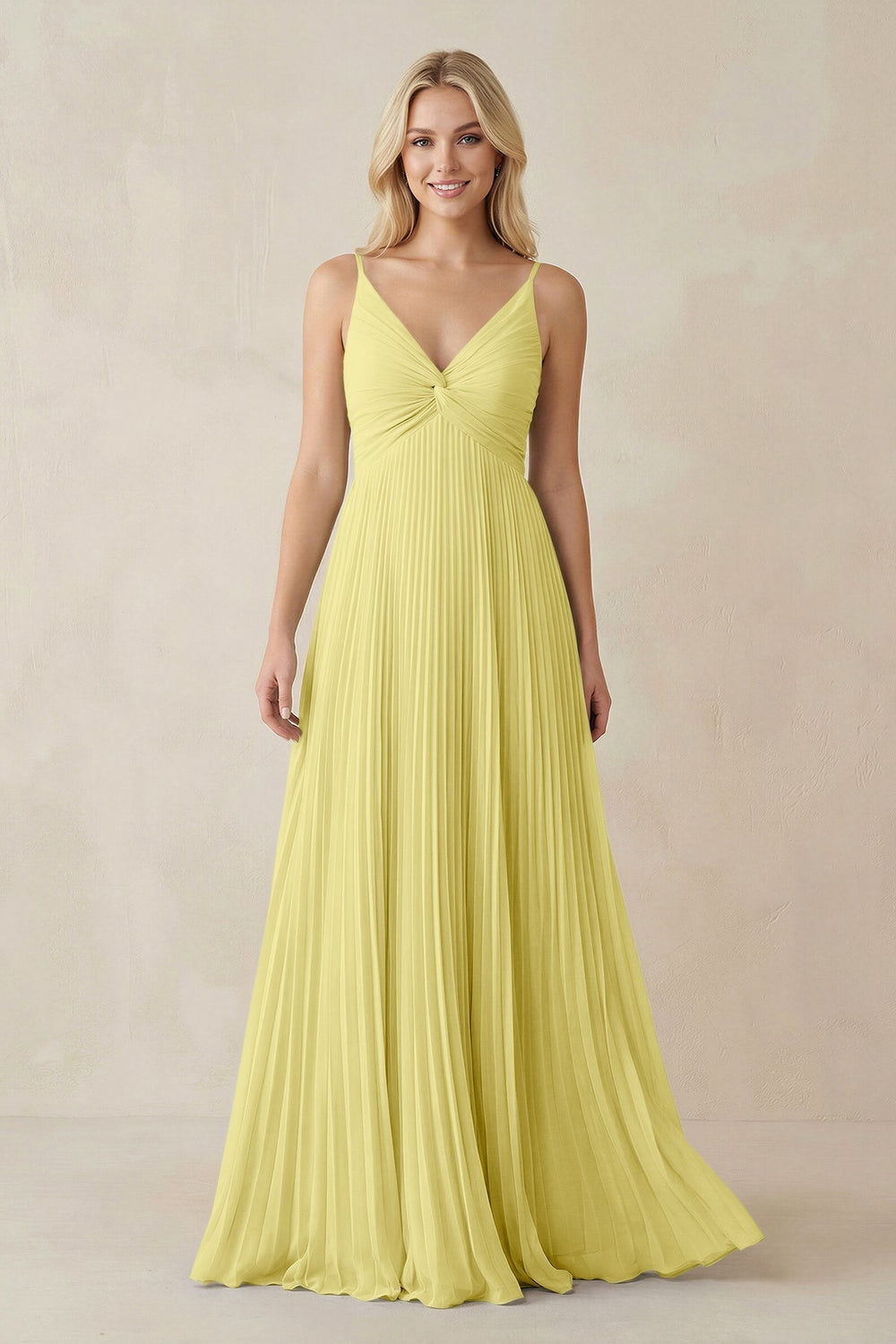 Pleated V - Neck A - Line Chiffon Bridesmaid Dress in Buttercup - KissProm Bridesmaid Dresses