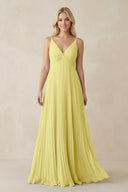 Pleated V - Neck A - Line Chiffon Bridesmaid Dress in Buttercup - KissProm Bridesmaid Dresses