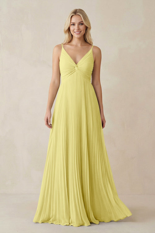 Pleated V - Neck A - Line Chiffon Bridesmaid Dress in Buttercup - KissProm Bridesmaid Dresses