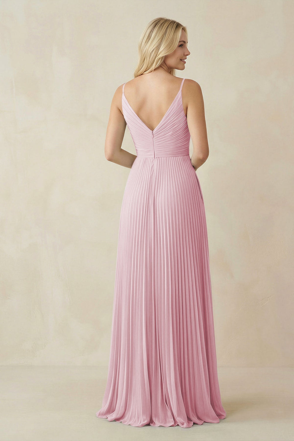 Pleated V - Neck A - Line Chiffon Bridesmaid Dress in Candy Pink - KissProm Bridesmaid Dresses