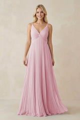 Pleated V - Neck A - Line Chiffon Bridesmaid Dress in Candy Pink - KissProm Bridesmaid Dresses
