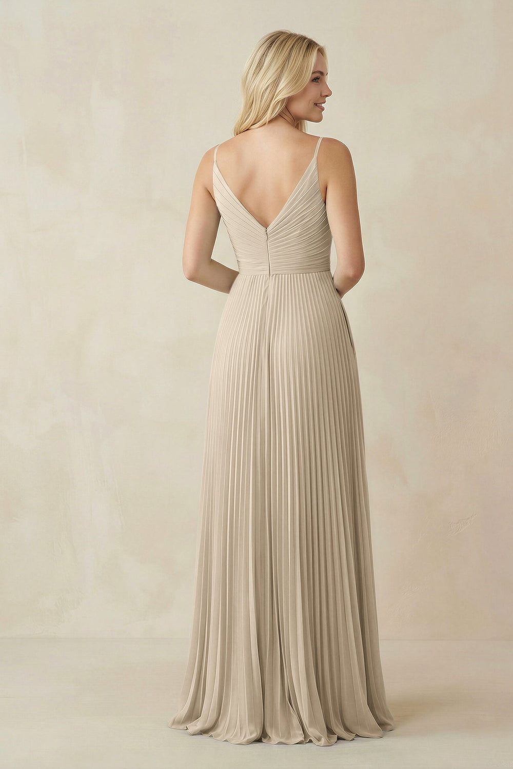 Pleated V - Neck A - Line Chiffon Bridesmaid Dress in Champagne - KissProm Bridesmaid Dresses