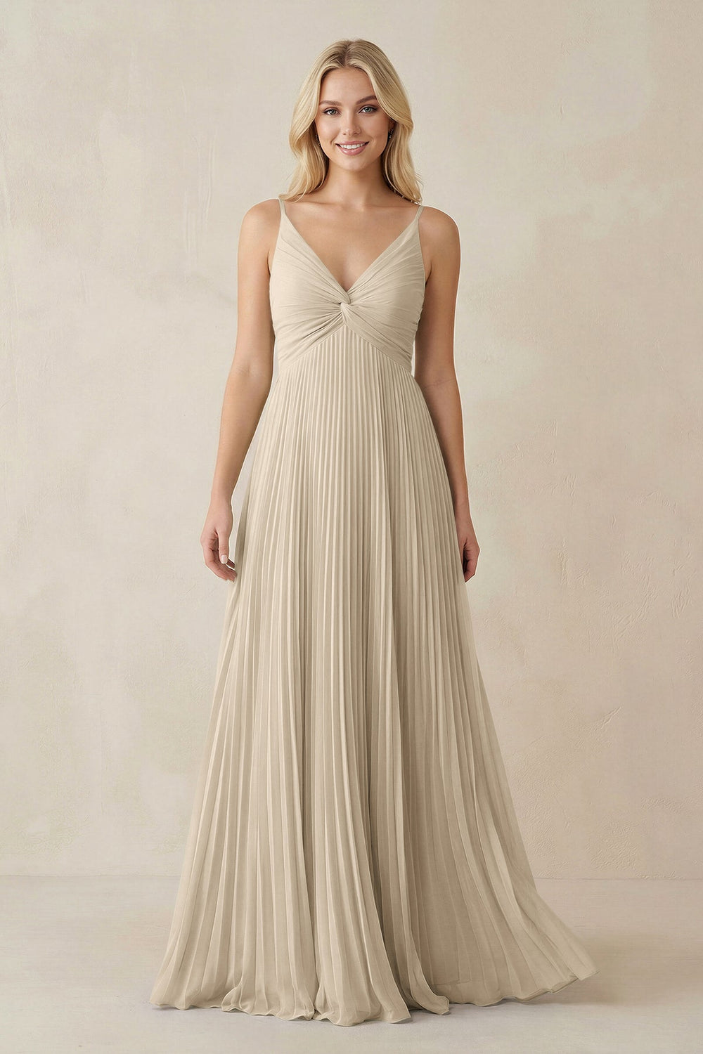 Pleated V - Neck A - Line Chiffon Bridesmaid Dress in Champagne - KissProm Bridesmaid Dresses