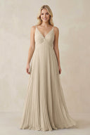 Pleated V - Neck A - Line Chiffon Bridesmaid Dress in Champagne - KissProm Bridesmaid Dresses
