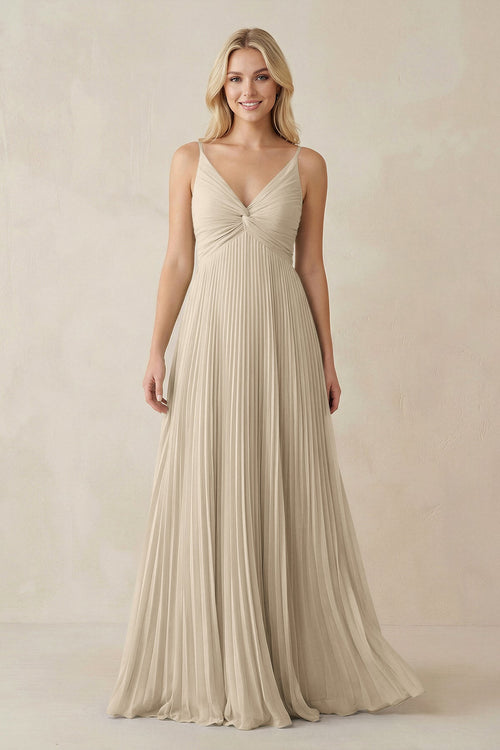 Pleated V - Neck A - Line Chiffon Bridesmaid Dress in Champagne - KissProm Bridesmaid Dresses
