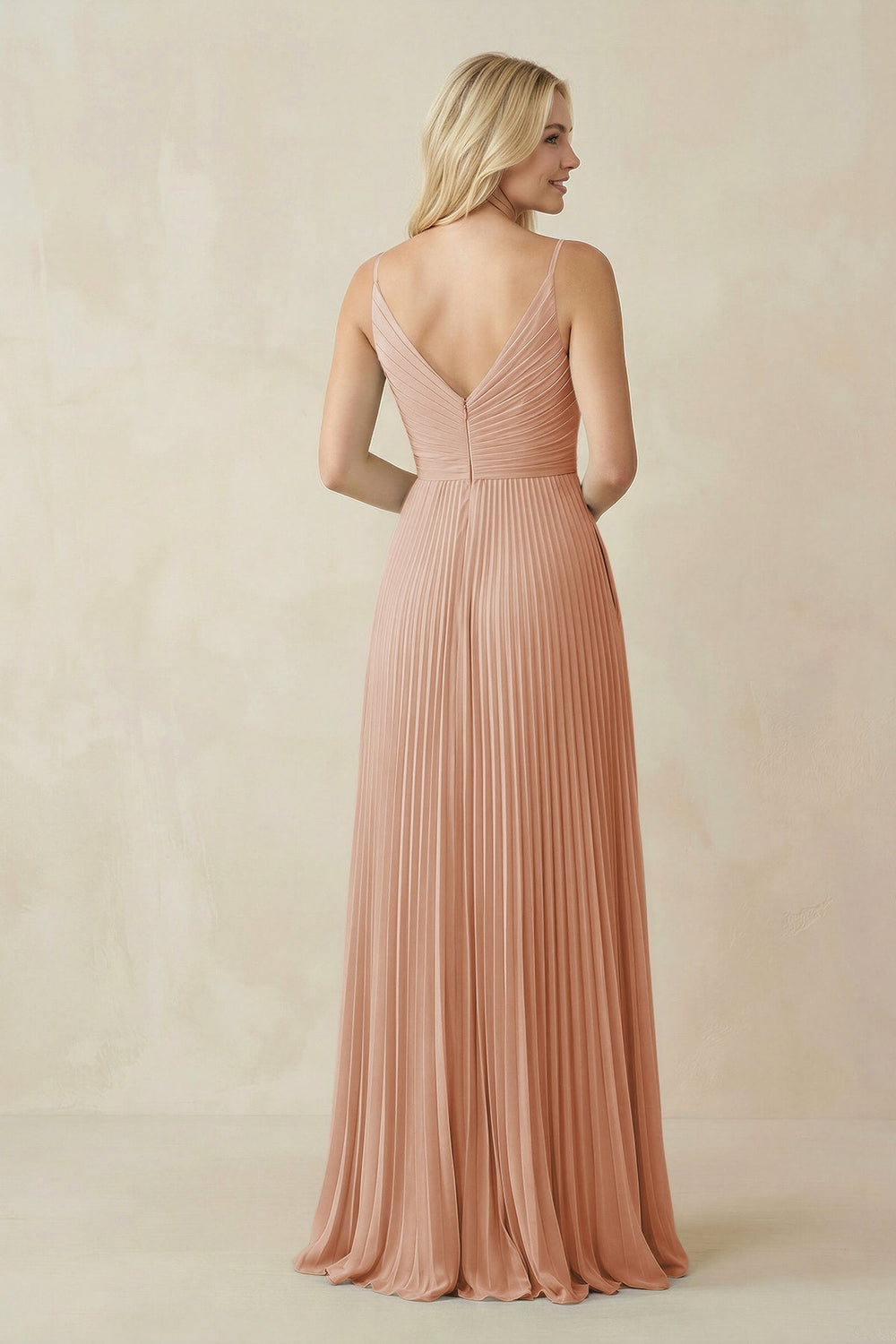 Pleated V - Neck A - Line Chiffon Bridesmaid Dress in Champagne Rose - KissProm Bridesmaid Dresses