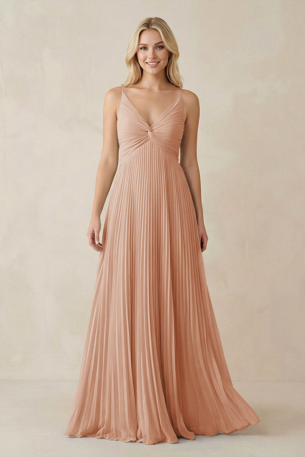 Pleated V - Neck A - Line Chiffon Bridesmaid Dress in Champagne Rose - KissProm Bridesmaid Dresses