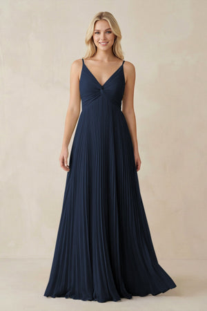 Pleated V - Neck A - Line Chiffon Bridesmaid Dress in Dark Navy - KissProm Bridesmaid Dresses