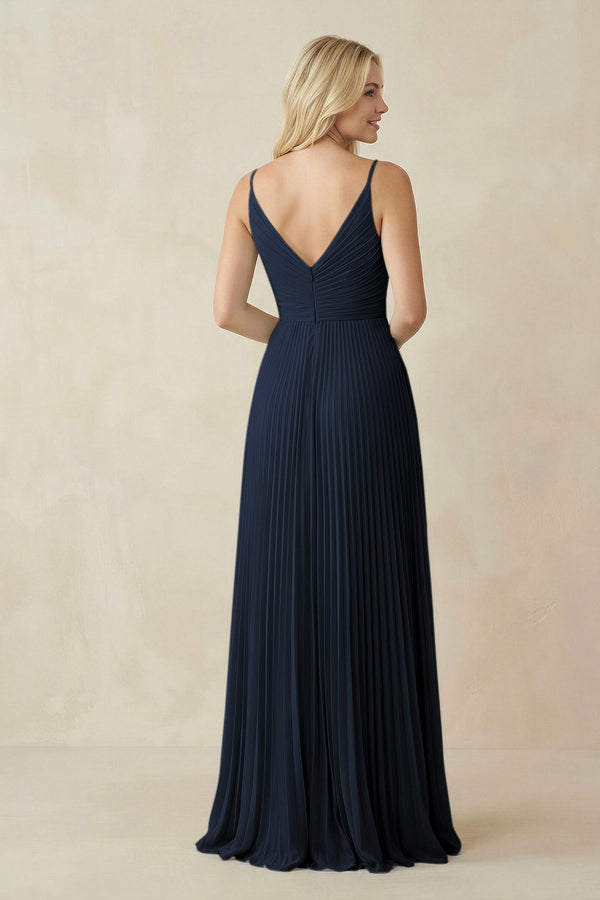 Pleated V - Neck A - Line Chiffon Bridesmaid Dress in Dark Navy - KissProm Bridesmaid Dresses