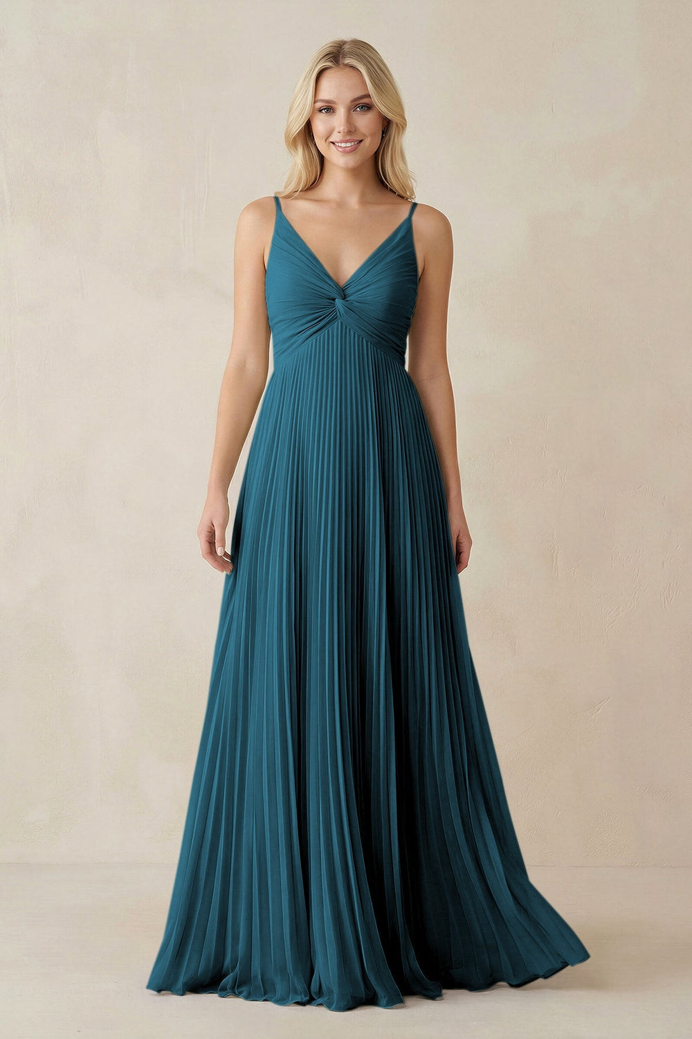 Pleated V - Neck A - Line Chiffon Bridesmaid Dress in Dark Teal - KissProm Bridesmaid Dresses