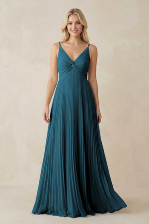 Pleated V - Neck A - Line Chiffon Bridesmaid Dress in Dark Teal - KissProm Bridesmaid Dresses