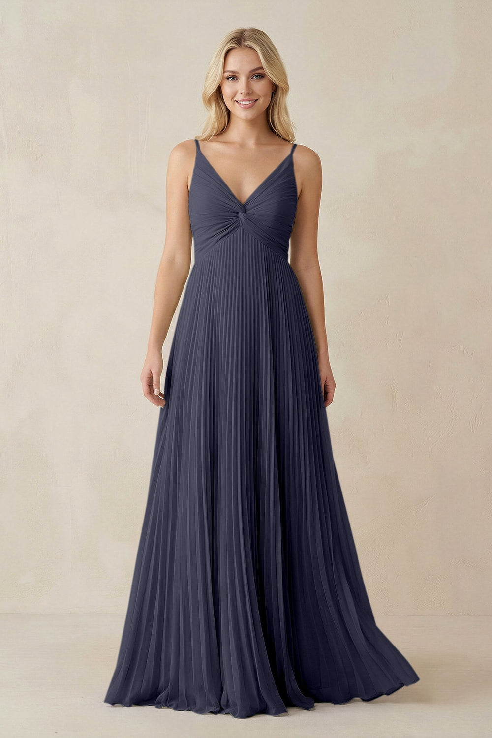 Pleated V - Neck A - Line Chiffon Bridesmaid Dress in Dusk Blue - KissProm Bridesmaid Dresses