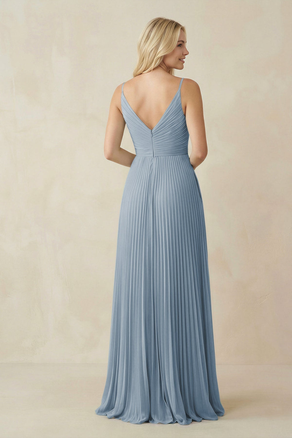 Pleated V - Neck A - Line Chiffon Bridesmaid Dress in Dusty Blue - KissProm Bridesmaid Dresses
