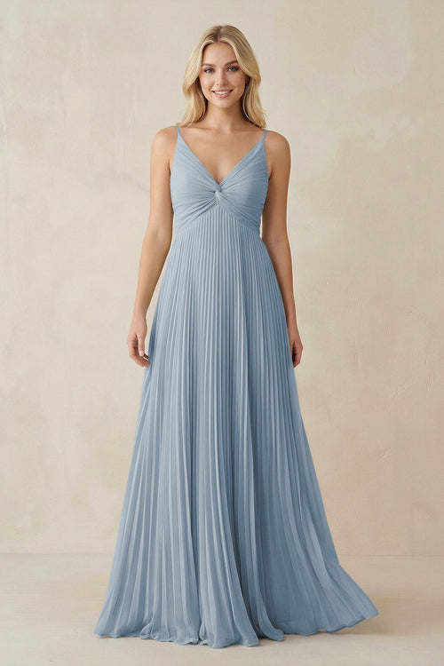 Pleated V - Neck A - Line Chiffon Bridesmaid Dress in Dusty Blue - KissProm Bridesmaid Dresses
