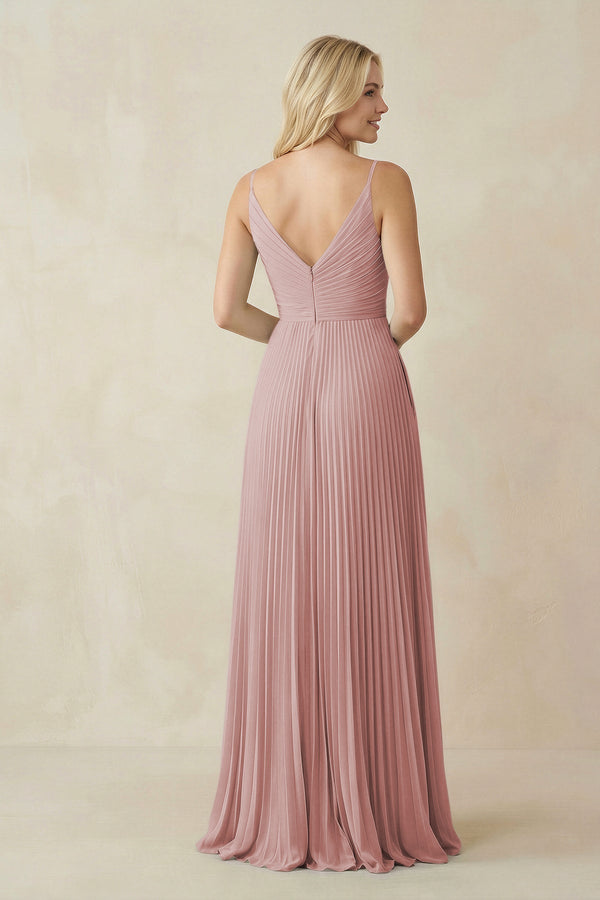 Pleated V - Neck A - Line Chiffon Bridesmaid Dress in Dusty Rose - KissProm Bridesmaid Dresses