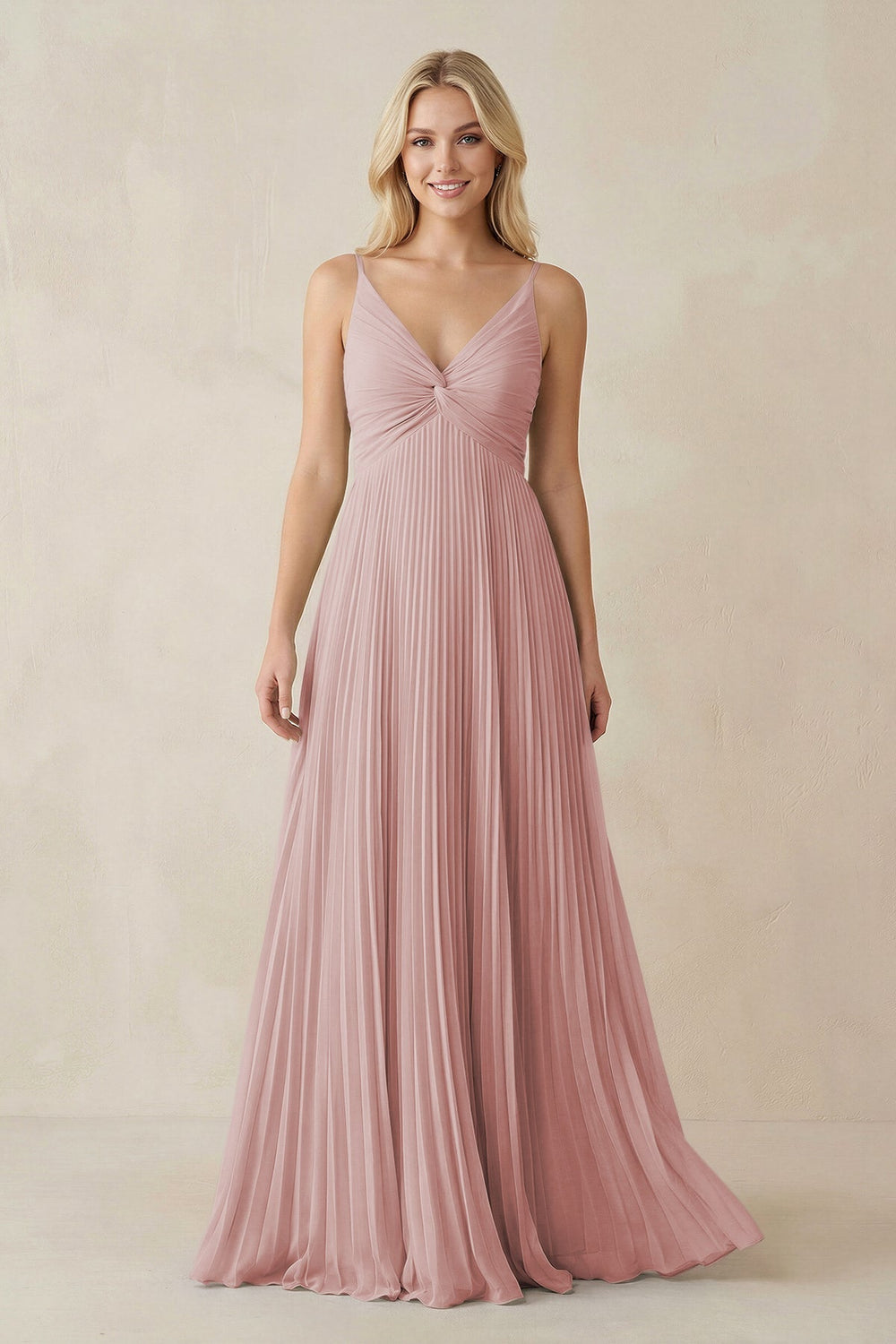 Pleated V - Neck A - Line Chiffon Bridesmaid Dress in Dusty Rose - KissProm Bridesmaid Dresses