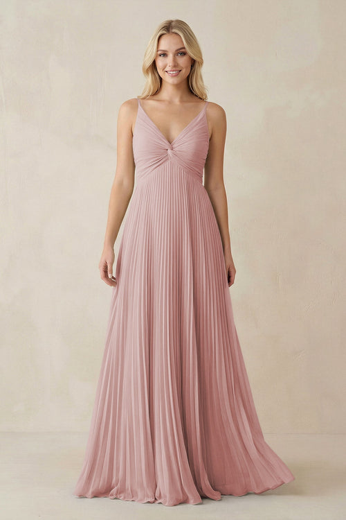 Pleated V - Neck A - Line Chiffon Bridesmaid Dress in Dusty Rose - KissProm Bridesmaid Dresses