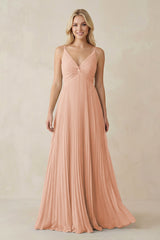 Pleated V - Neck A - Line Chiffon Bridesmaid Dress in English Rose - KissProm Bridesmaid Dresses