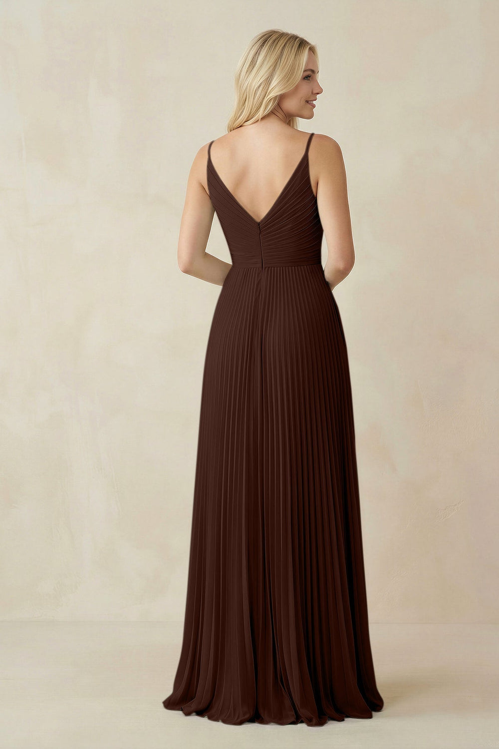 Pleated V - Neck A - Line Chiffon Bridesmaid Dress in Espresso - KissProm Bridesmaid Dresses