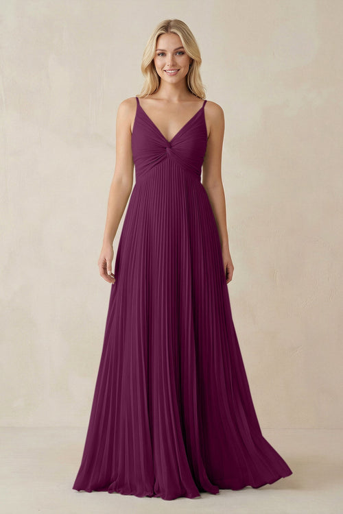 Pleated V - Neck A - Line Chiffon Bridesmaid Dress in Fig - KissProm Bridesmaid Dresses