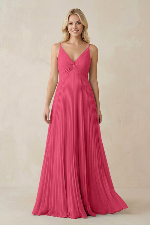 Pleated V - Neck A - Line Chiffon Bridesmaid Dress in Fuchsia - KissProm Bridesmaid Dresses
