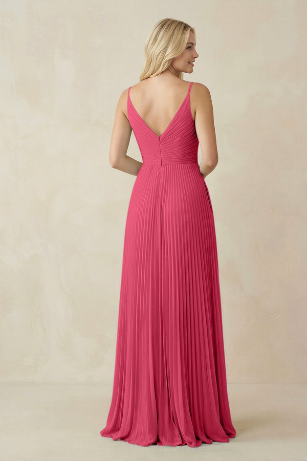 Pleated V - Neck A - Line Chiffon Bridesmaid Dress in Fuchsia - KissProm Bridesmaid Dresses