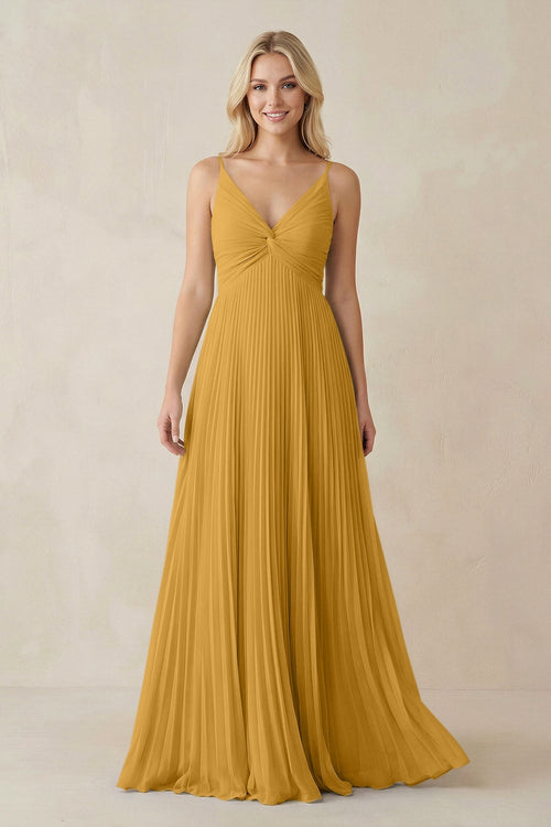 KissProm Pleated V-Neck A-Line Chiffon Bridesmaid Dress in Marigold, Marigold / 14