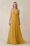 Pleated V - Neck A - Line Chiffon Bridesmaid Dress in Marigold - KissProm Bridesmaid Dresses