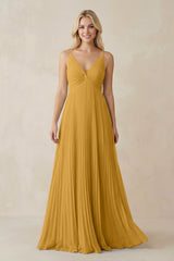 Pleated V - Neck A - Line Chiffon Bridesmaid Dress in Marigold - KissProm Bridesmaid Dresses