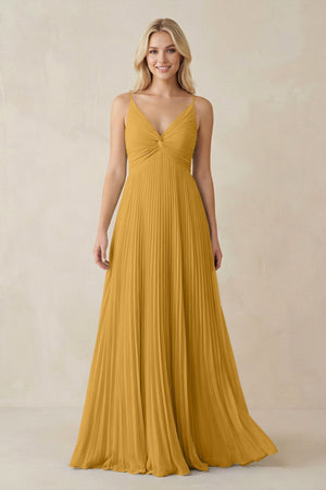 Pleated V - Neck A - Line Chiffon Bridesmaid Dress in Marigold - KissProm Bridesmaid Dresses