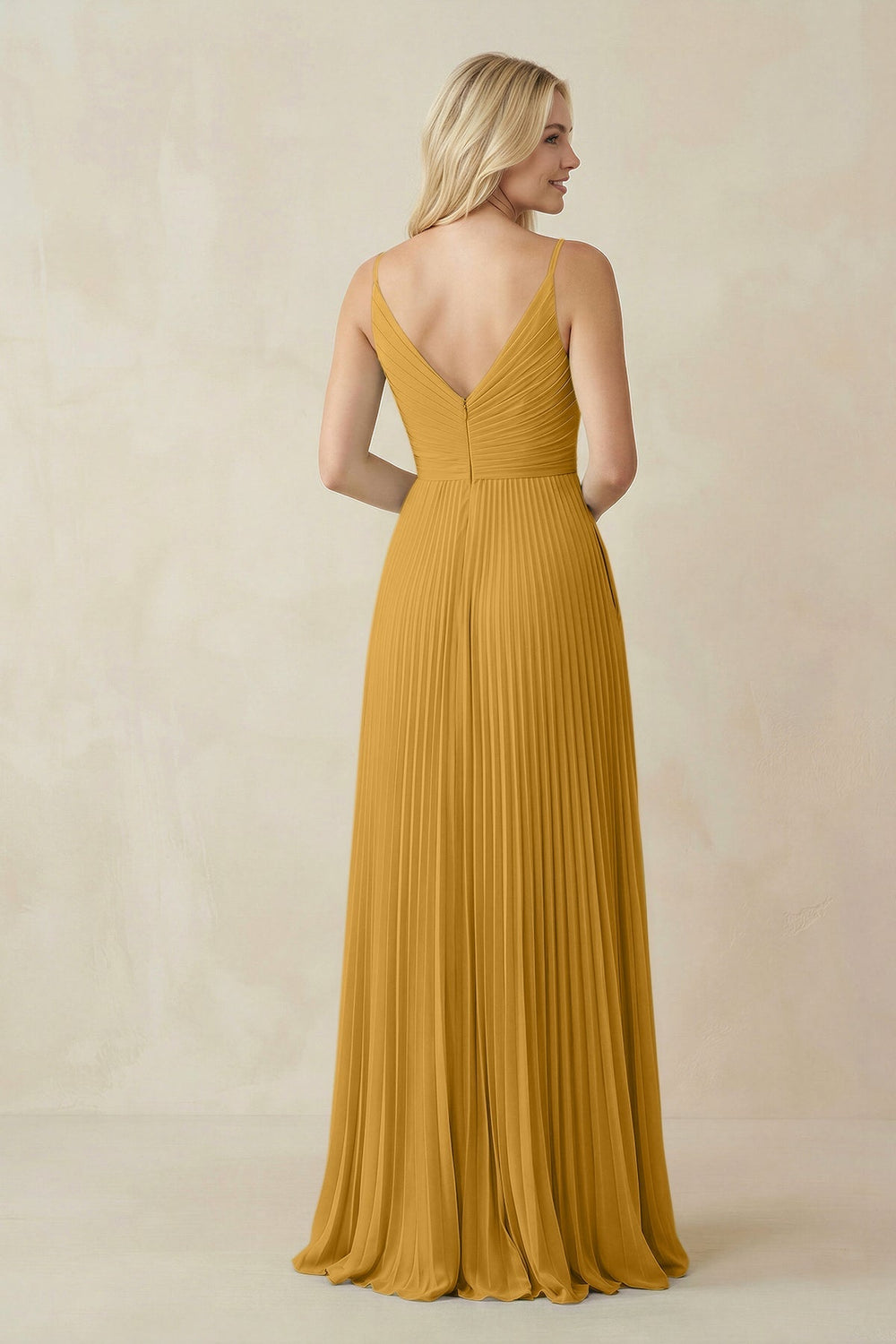 Pleated V - Neck A - Line Chiffon Bridesmaid Dress in Marigold - KissProm Bridesmaid Dresses