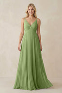 Pleated V - Neck A - Line Chiffon Bridesmaid Dress in Matcha - KissProm Bridesmaid Dresses