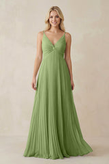 Pleated V - Neck A - Line Chiffon Bridesmaid Dress in Matcha - KissProm Bridesmaid Dresses
