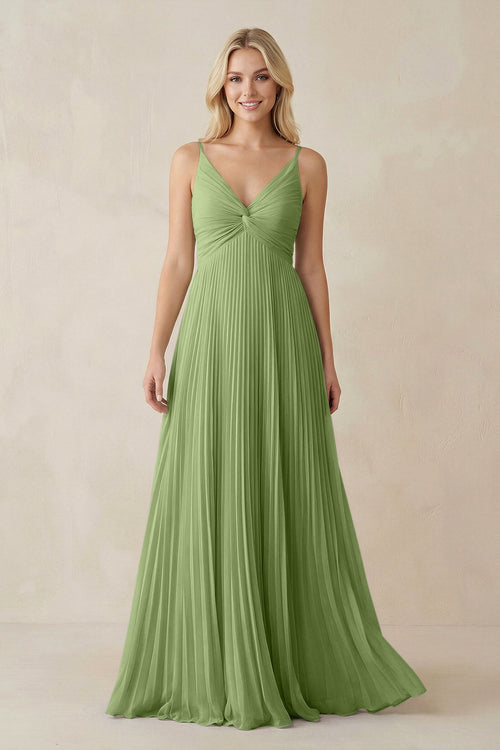 Pleated V - Neck A - Line Chiffon Bridesmaid Dress in Matcha - KissProm Bridesmaid Dresses