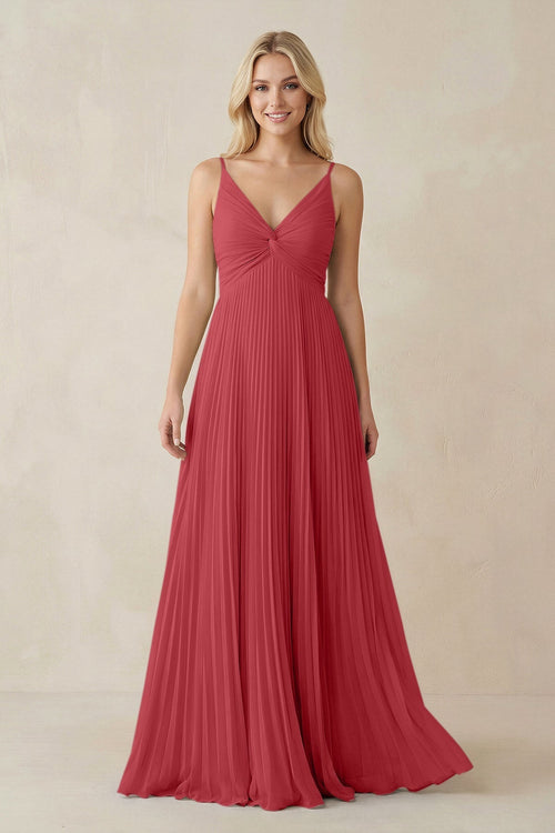 Pleated V - Neck A - Line Chiffon Bridesmaid Dress in Merlot - KissProm Bridesmaid Dresses