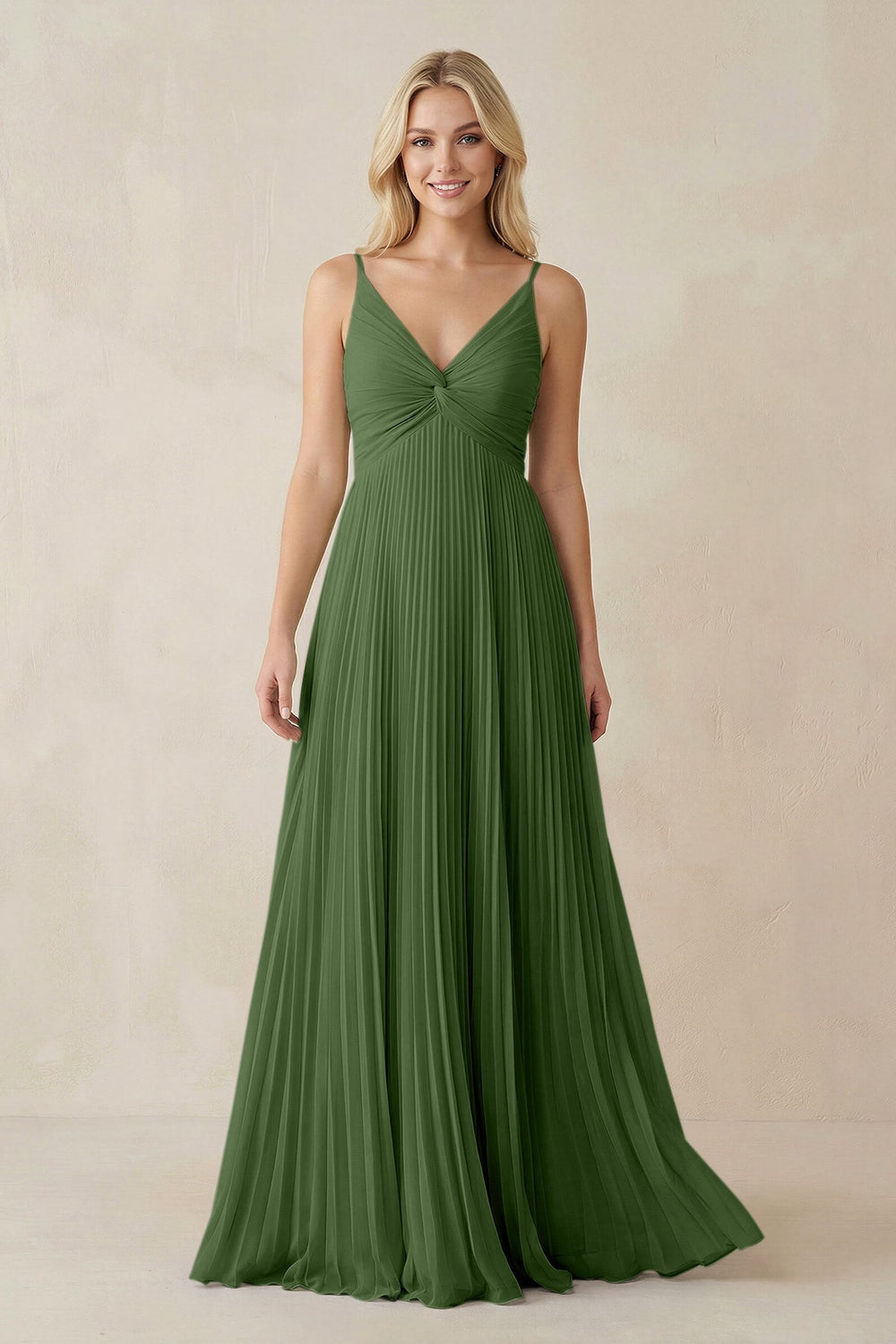 Pleated V - Neck A - Line Chiffon Bridesmaid Dress in Moss - KissProm Bridesmaid Dresses