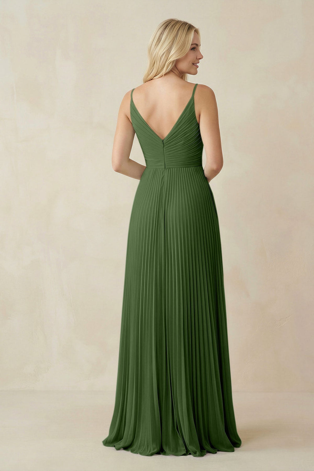Pleated V - Neck A - Line Chiffon Bridesmaid Dress in Moss - KissProm Bridesmaid Dresses