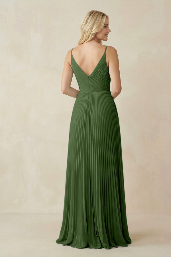 Pleated V - Neck A - Line Chiffon Bridesmaid Dress in Moss - KissProm Bridesmaid Dresses