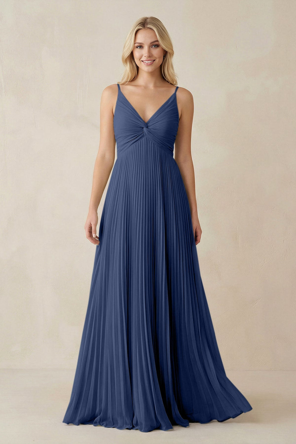 Pleated V - Neck A - Line Chiffon Bridesmaid Dress in Navy - KissProm Bridesmaid Dresses