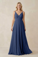 Pleated V - Neck A - Line Chiffon Bridesmaid Dress in Navy - KissProm Bridesmaid Dresses