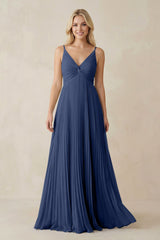 Pleated V - Neck A - Line Chiffon Bridesmaid Dress in Navy - KissProm Bridesmaid Dresses