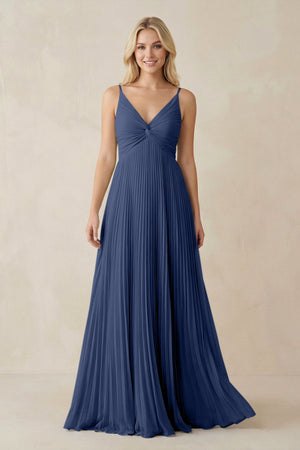 Pleated V - Neck A - Line Chiffon Bridesmaid Dress in Navy - KissProm Bridesmaid Dresses