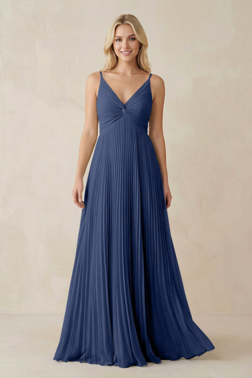 Pleated V - Neck A - Line Chiffon Bridesmaid Dress in Navy - KissProm Bridesmaid Dresses