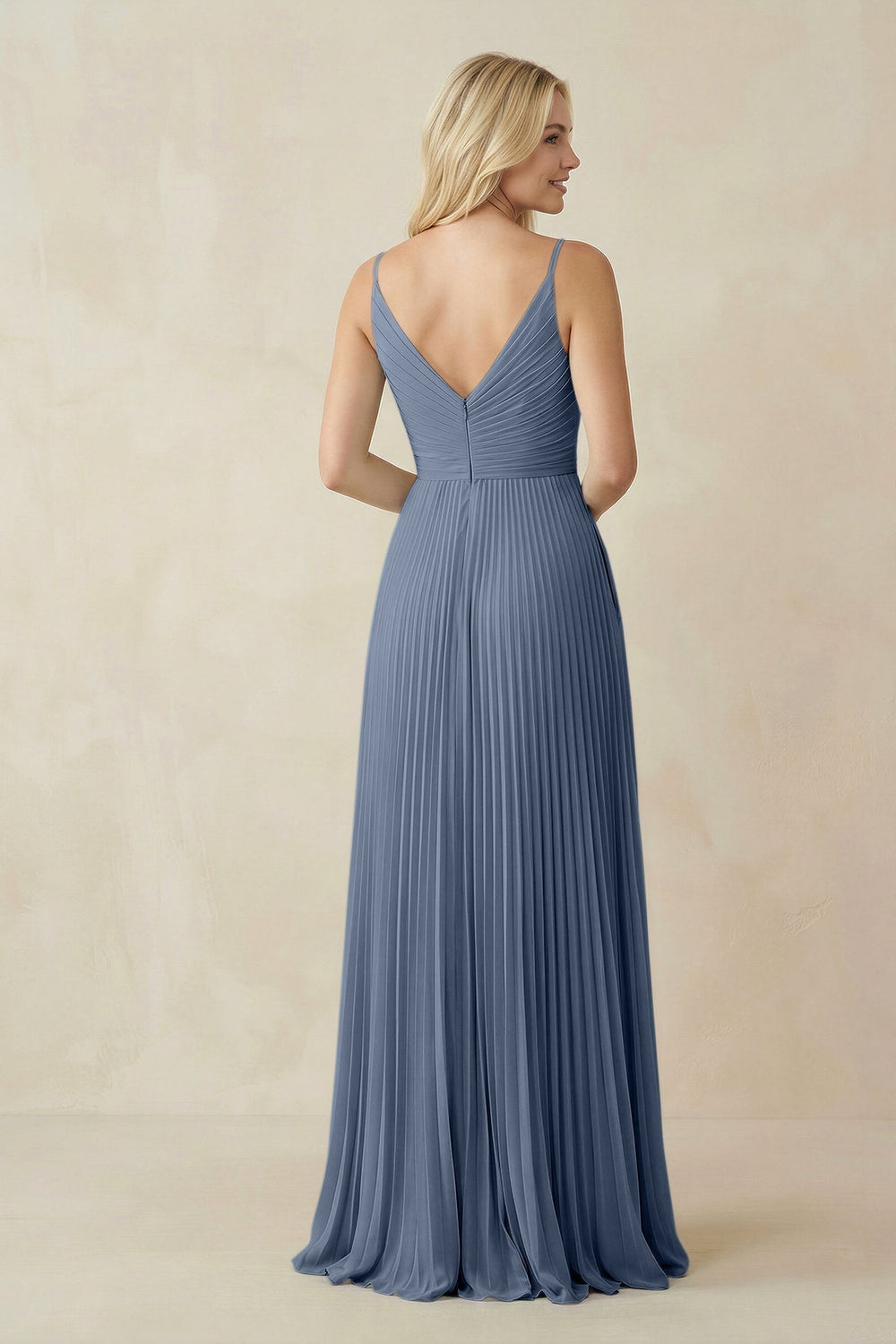 Pleated V - Neck A - Line Chiffon Bridesmaid Dress in Neptune - KissProm Bridesmaid Dresses