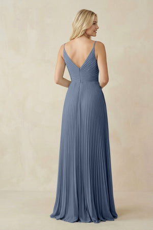 Pleated V - Neck A - Line Chiffon Bridesmaid Dress in Neptune - KissProm Bridesmaid Dresses